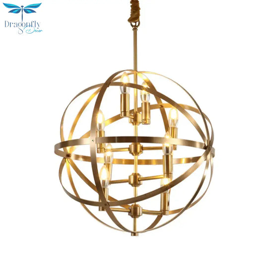8 Bulbs Chandelier Lamp Traditional Candelabra Metallic Hanging Ceiling Light In Gold With Globe