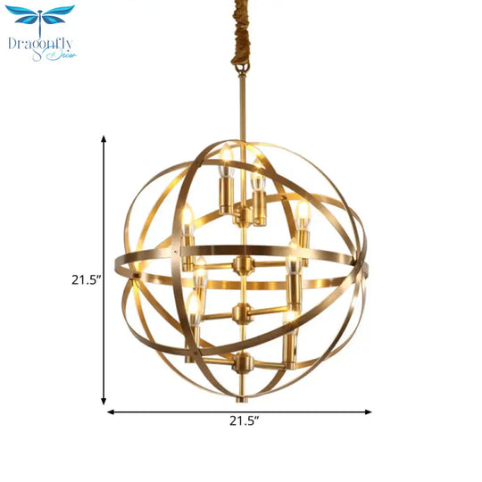 8 Bulbs Chandelier Lamp Traditional Candelabra Metallic Hanging Ceiling Light In Gold With Globe