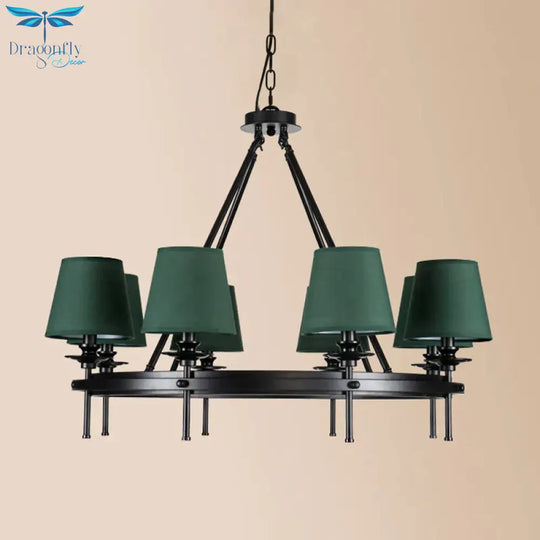 8 Bulbs Circle Pendant Lamp Retro Style Green Metal Ceiling Chandelier With Conic Fabric Shade
