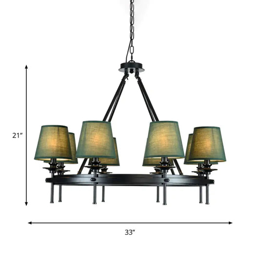 8 Bulbs Circle Pendant Lamp Retro Style Green Metal Ceiling Chandelier With Conic Fabric Shade