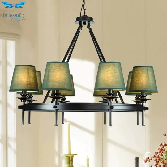 8 Bulbs Circle Pendant Lamp Retro Style Green Metal Ceiling Chandelier With Conic Fabric Shade