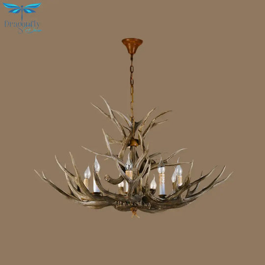 8 Bulbs Resin Pendant Lighting Rural Brown Faux Antler Living Room Chandelier With Candle Design