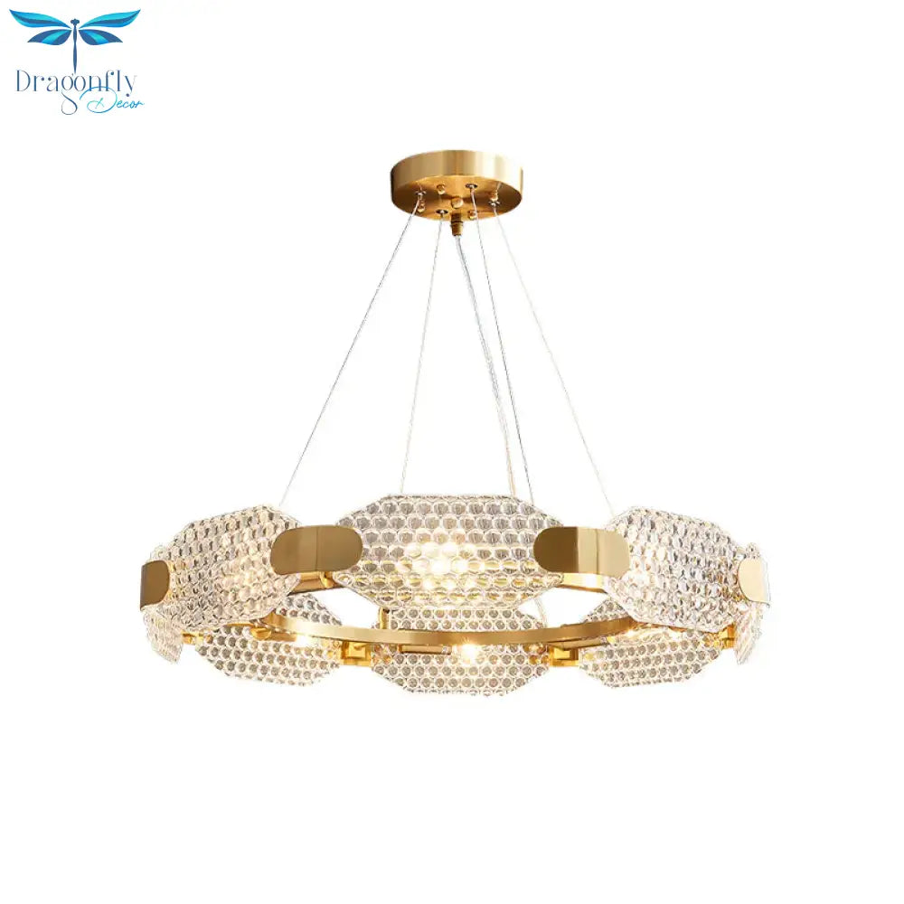 8 - Head Octagon Chandelier Light Colonialist Gold Clear Textured Glass Ceiling Lamp With Circular