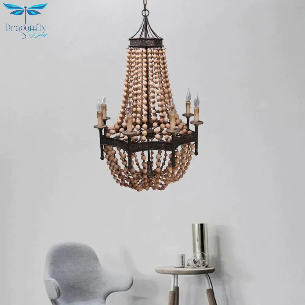 8 Heads Candle Ceiling Chandelier Traditional Wood Suspended Lighting Fixture In Beige