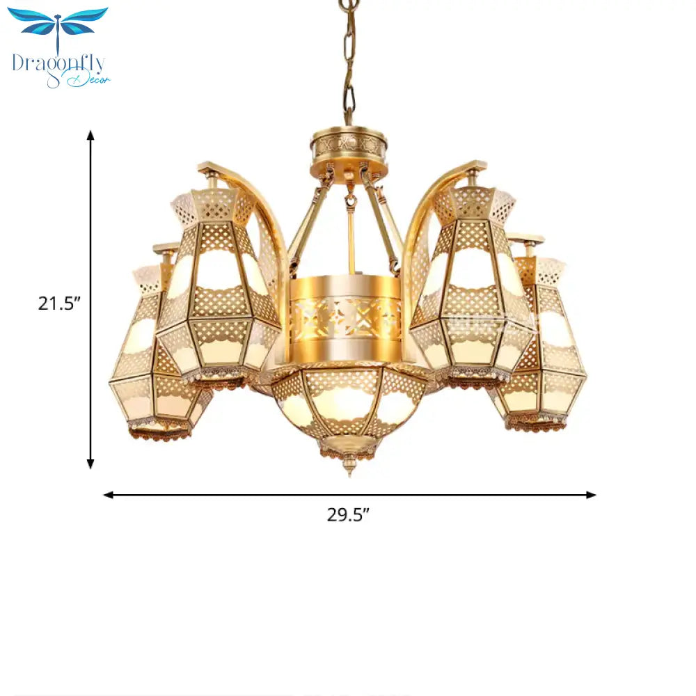 8 Heads Diamond Pendant Chandelier Arab Style Brass Opal Glass Hanging Light Fixture With Curved Arm