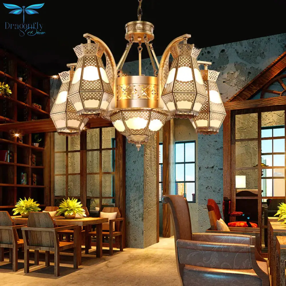 8 Heads Diamond Pendant Chandelier Arab Style Brass Opal Glass Hanging Light Fixture With Curved Arm