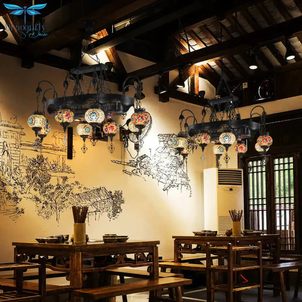 8 Heads Globe Hanging Lighting Bohemia Iron Stained Glass Chandelier Pendant Lamp For Restaurant