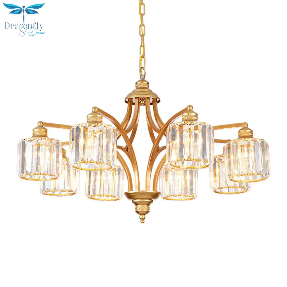 8 Heads K9 Crystal Hanging Lamp Traditionalism Gold Cylindrical Living Room Chandelier Light