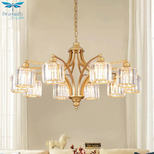 8 Heads K9 Crystal Hanging Lamp Traditionalism Gold Cylindrical Living Room Chandelier Light