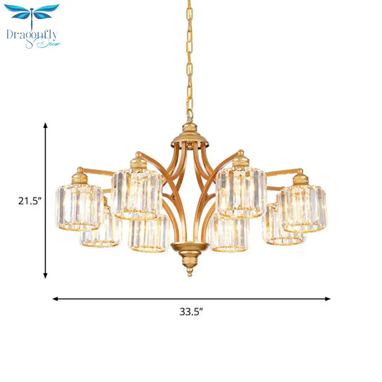 8 Heads K9 Crystal Hanging Lamp Traditionalism Gold Cylindrical Living Room Chandelier Light