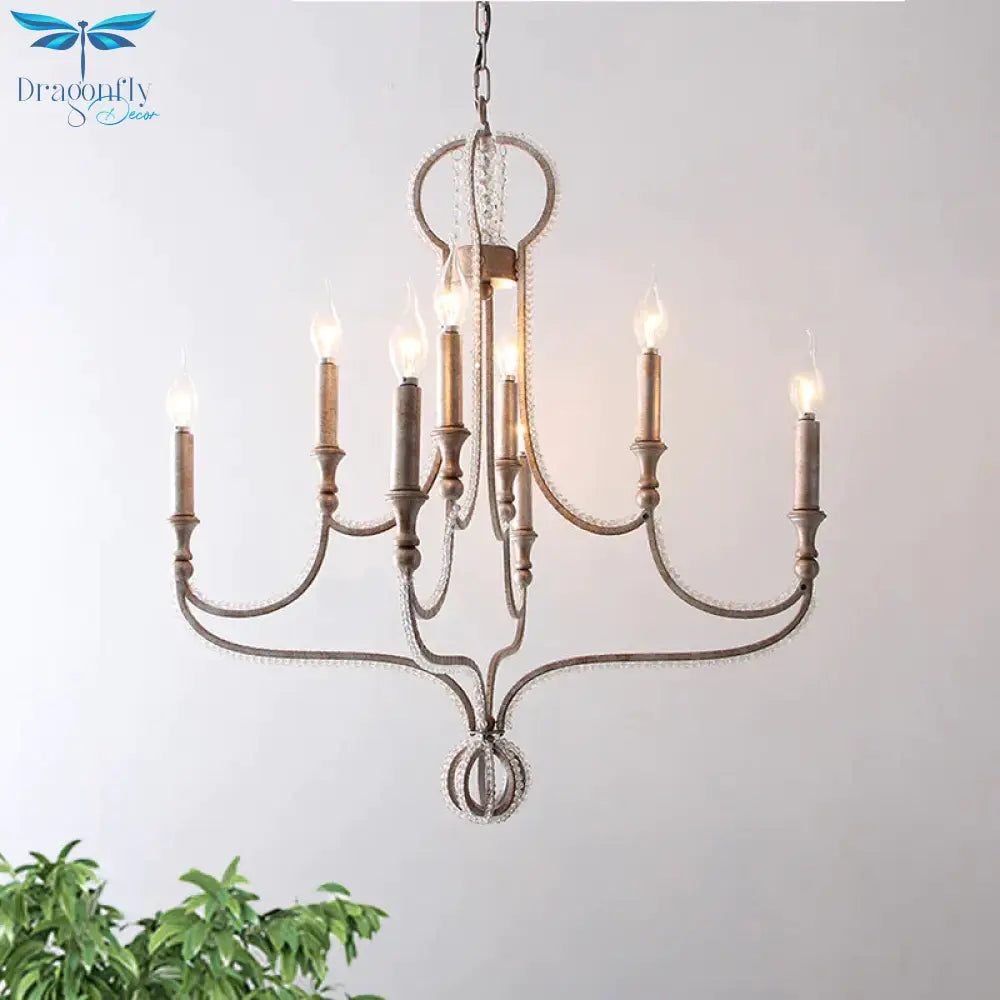 8 Lights Candelabra Chandelier Light Fixture Minimalism Aged Silver Crystal Pendant