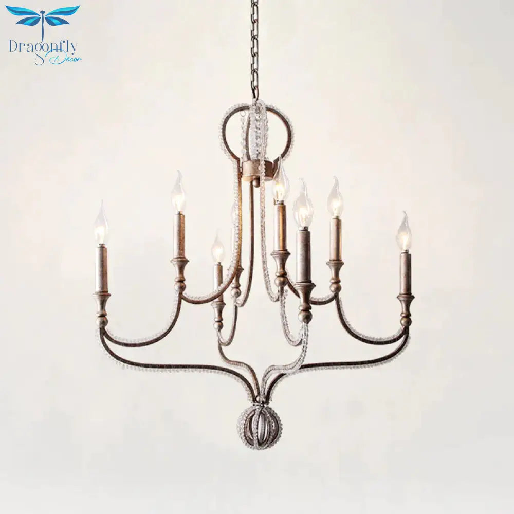 8 Lights Candelabra Chandelier Light Fixture Minimalism Aged Silver Crystal Pendant