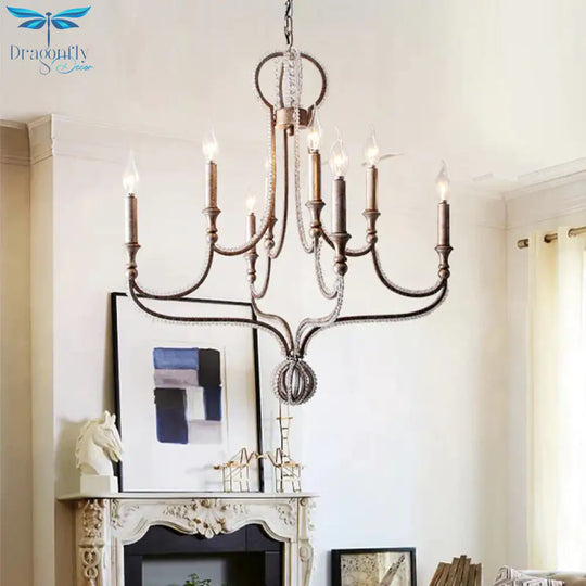 8 Lights Candelabra Chandelier Light Fixture Minimalism Aged Silver Crystal Pendant