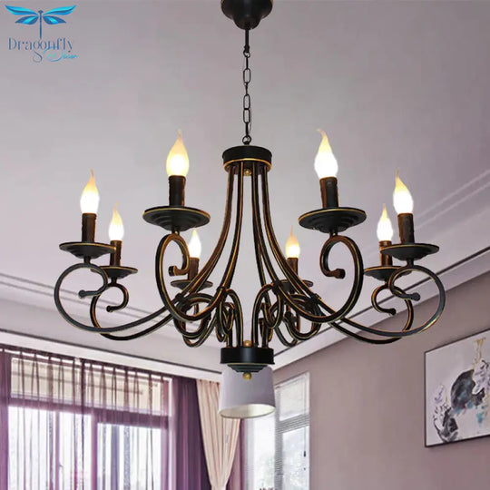 8 Lights Chandelier Pendant Lighting Antique Candle Shaped Metal Hanging Lamp Fixture In Black