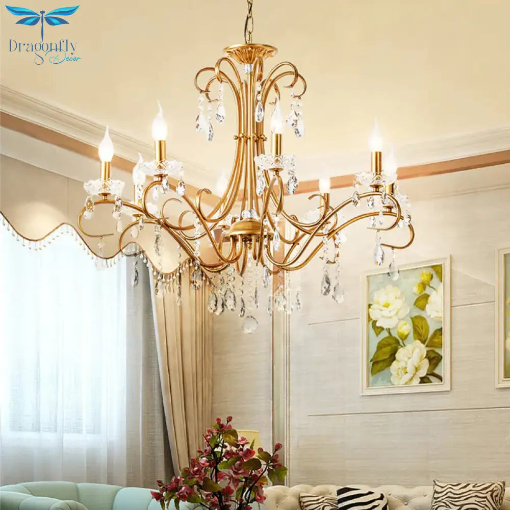 8 Lights Crystal Chandelier Light Countryside Gold Candlestick Living Room Hanging Lamp
