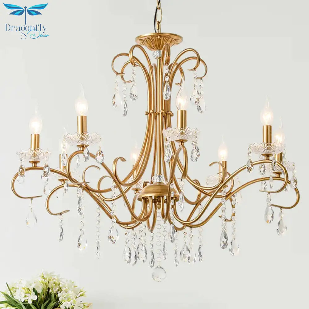 8 Lights Crystal Chandelier Light Countryside Gold Candlestick Living Room Hanging Lamp