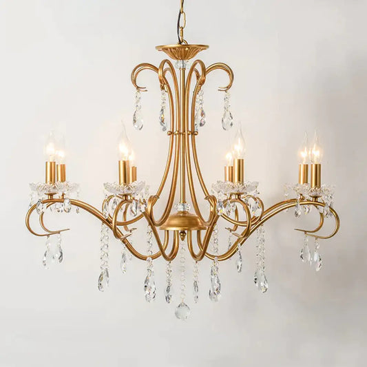 8 Lights Crystal Chandelier Light Countryside Gold Candlestick Living Room Hanging Lamp