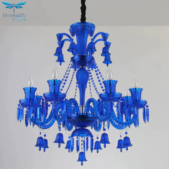 8 Lights Crystal Hanging Lamp Traditional Red/Blue/Purple Candelabra Living Room Chandelier Light