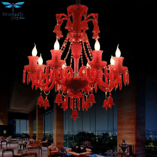 8 Lights Crystal Hanging Lamp Traditional Red/Blue/Purple Candelabra Living Room Chandelier Light