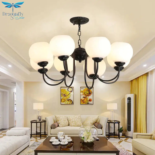 8 Lights Globe Chandelier Pendant Light Traditional Black Finish White Glass Up Hanging Lamp