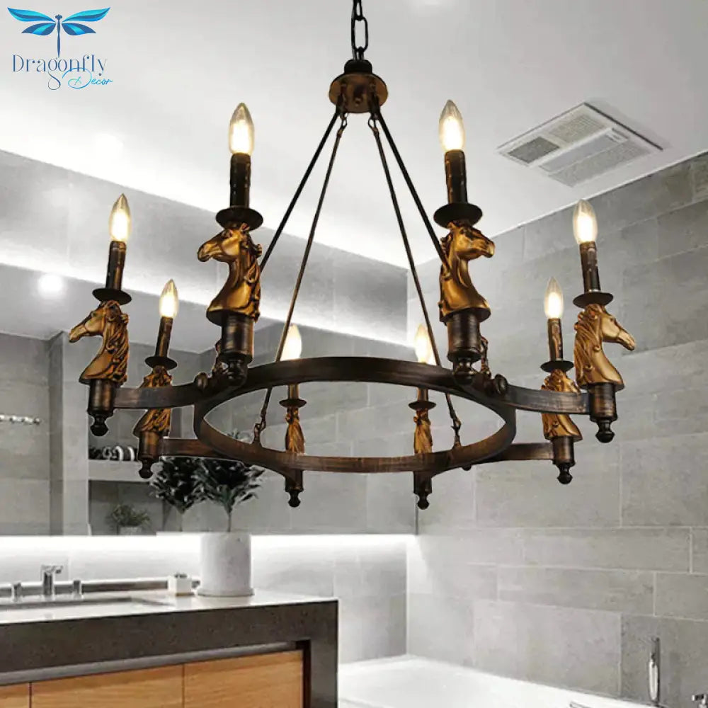 8 Lights Living Room Hanging Lighting Country Style Black Chandelier With Candle Metal