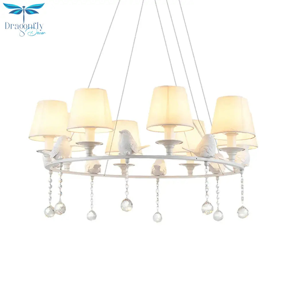 8 Lights Pendant Light Classic Cone Fabric Hanging Chandelier In White For Bedroom With Crystal