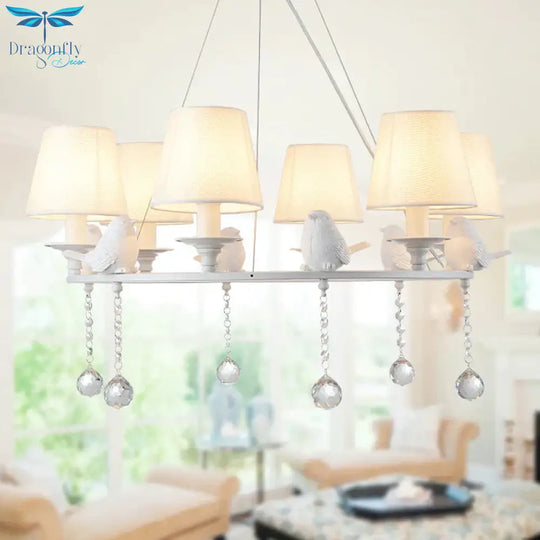 8 Lights Pendant Light Classic Cone Fabric Hanging Chandelier In White For Bedroom With Crystal