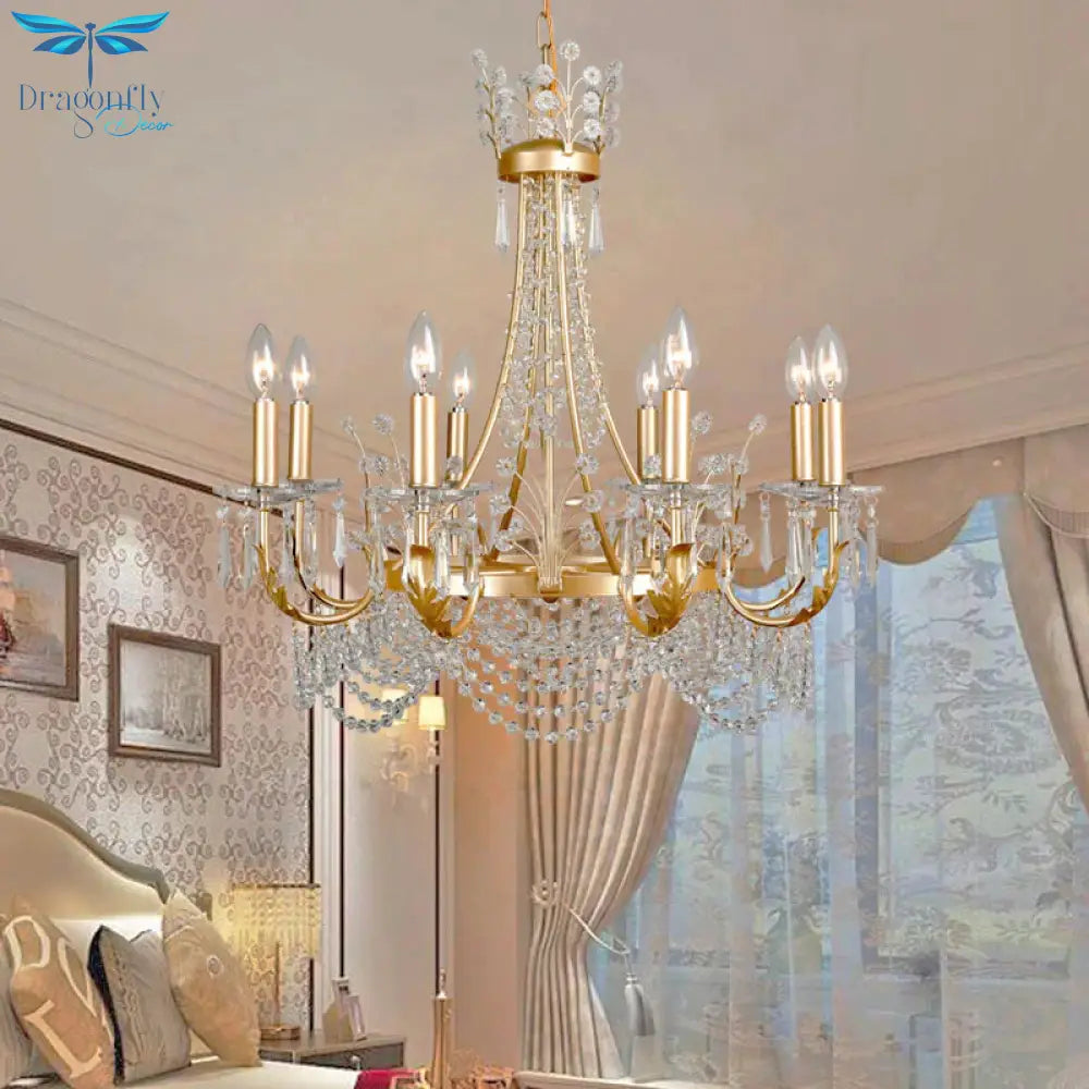 8 Lights Swooping Arm Chandelier Light Countryside Gold Crystal Ceiling Pendant For Bedroom