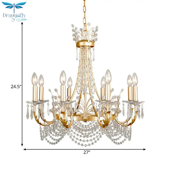 8 Lights Swooping Arm Chandelier Light Countryside Gold Crystal Ceiling Pendant For Bedroom