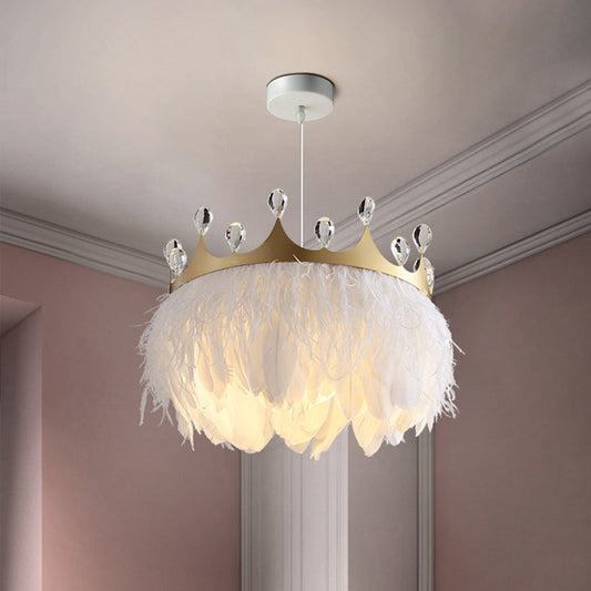 Bronte - Crown Feather Pendant Light Nordic 1 Head Gold Hanging Lamp With Clear Crystal Accent
