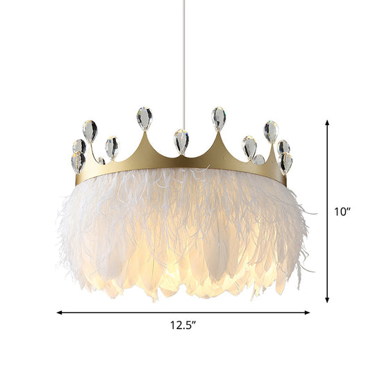 Bronte - Crown Feather Pendant Light Nordic 1 Head Gold Hanging Lamp With Clear Crystal Accent