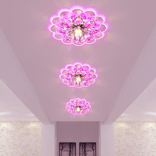 Modern Floral Led Flush Mount Ceiling Light With Beveled Crystal In Red For Porch Pink White And