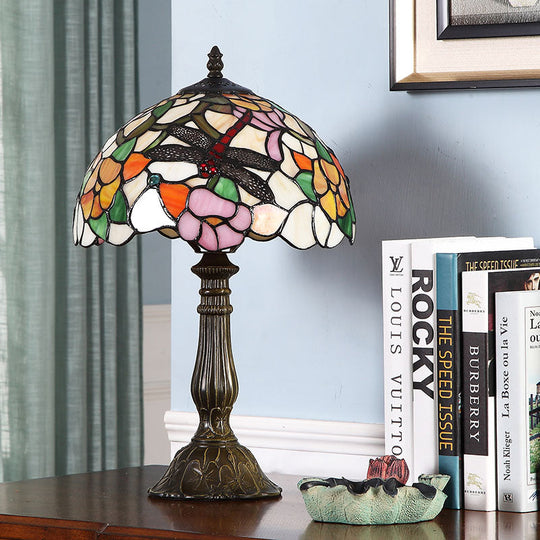 Violet - Stunning Hand - Crafted Glass Bronze Night Light Dragonfly And Peony 1 Head Tiffany Table