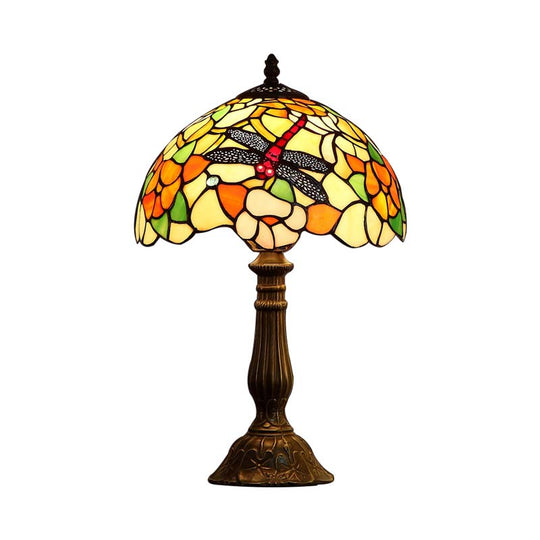 Violet - Stunning Hand - Crafted Glass Bronze Night Light Dragonfly And Peony 1 Head Tiffany Table