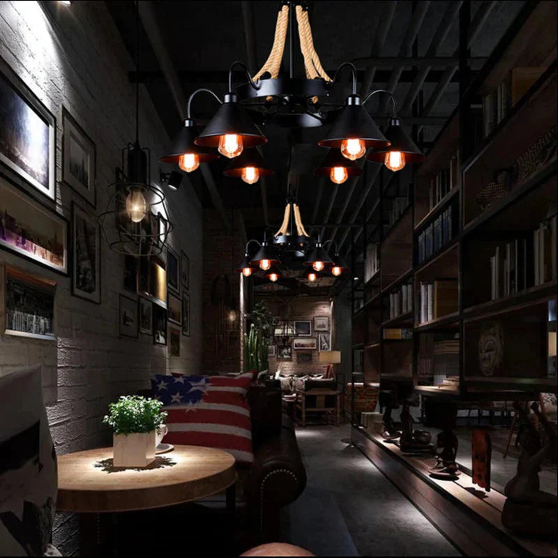 Hemp Rope Iron Chandelier Loft Industrial Wind Lamps Pendant