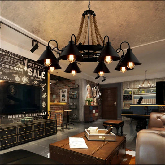 Hemp Rope Iron Chandelier Loft Industrial Wind Lamps Pendant