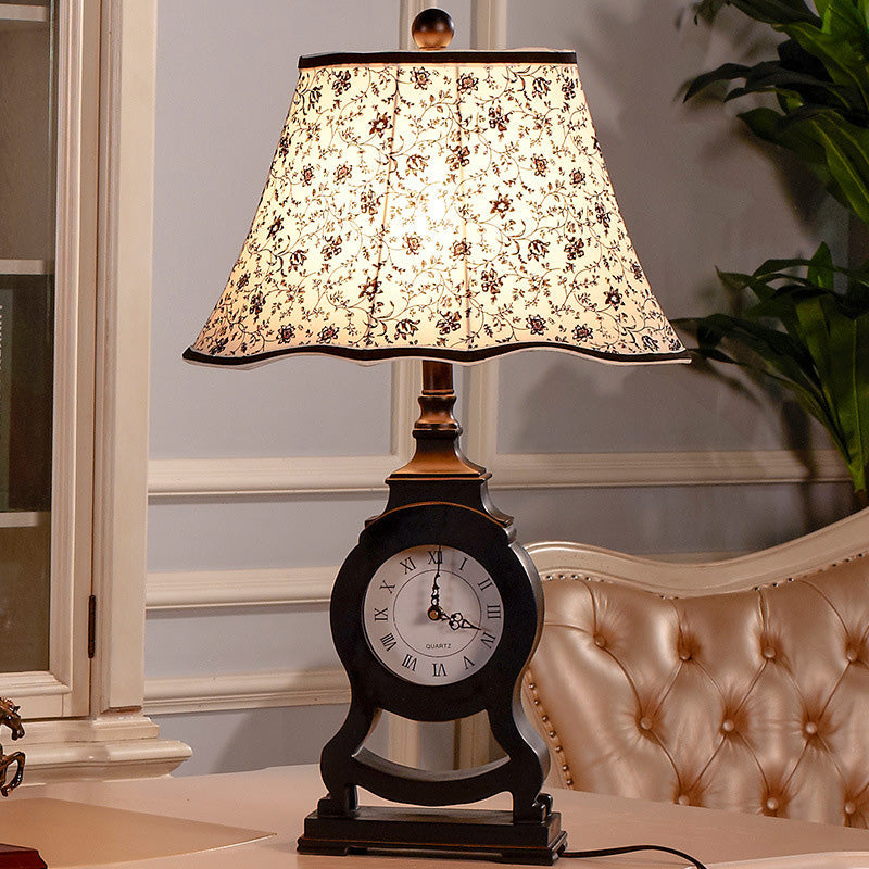 Reagan - Black 1 - Bulb Desk Lamp Classic Fabric Flared Flower Patterned Table Light With Clock