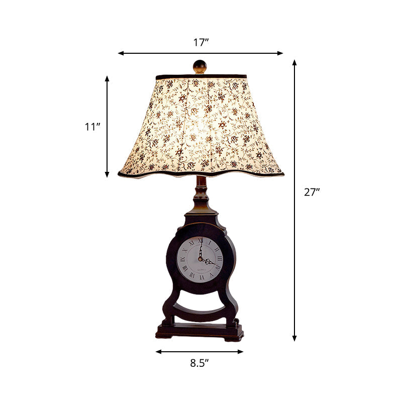 Reagan - Black 1 - Bulb Desk Lamp Classic Fabric Flared Flower Patterned Table Light With Clock