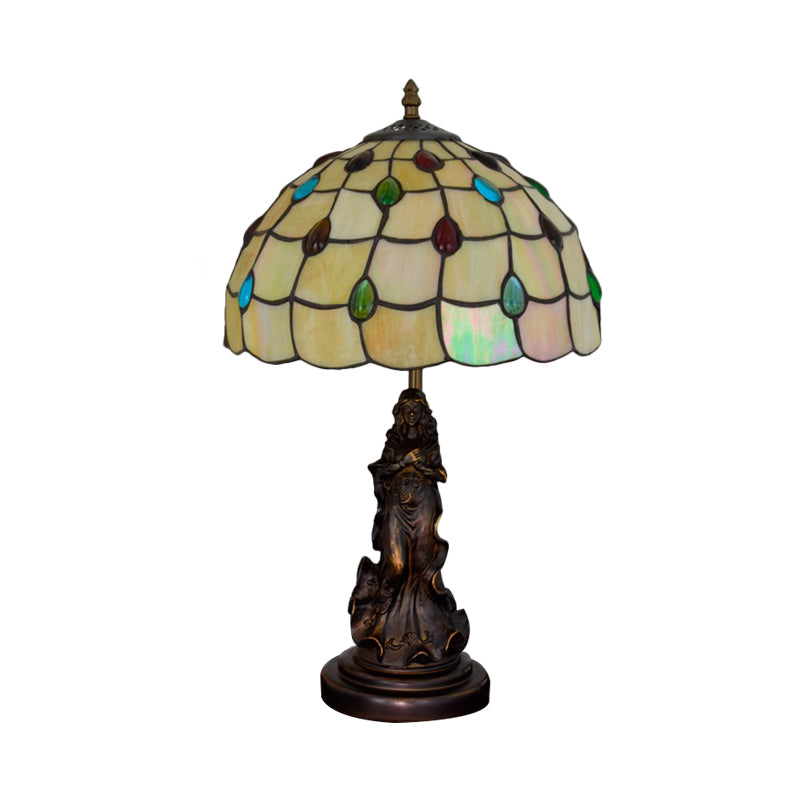 Asellus Secundus - Cabochons Grid Night Light 1 - Light Tiffany Table Lamp With Angel Decor