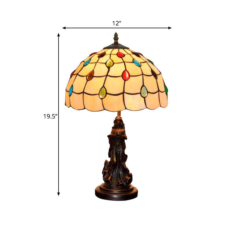 Asellus Secundus - Cabochons Grid Night Light 1 - Light Tiffany Table Lamp With Angel Decor