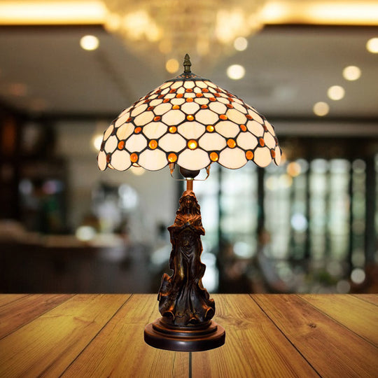 Asellus Secundus - Cabochons Grid Night Light 1 - Light Tiffany Table Lamp With Angel Decor White -
