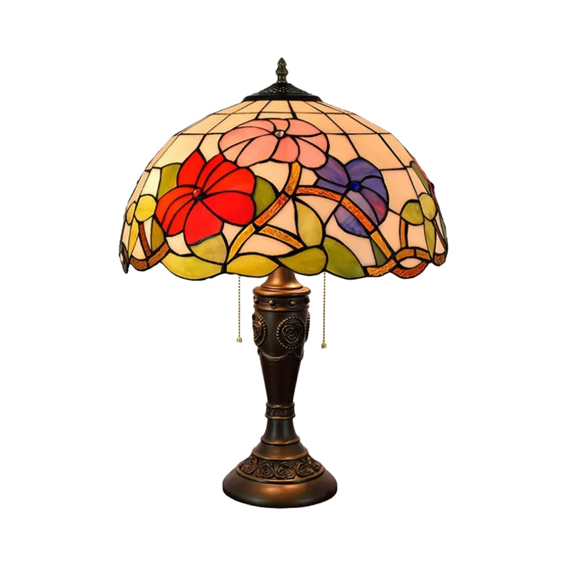Annabelle - Red/Orange Glass Tiffany Night Lamp With Carved Base