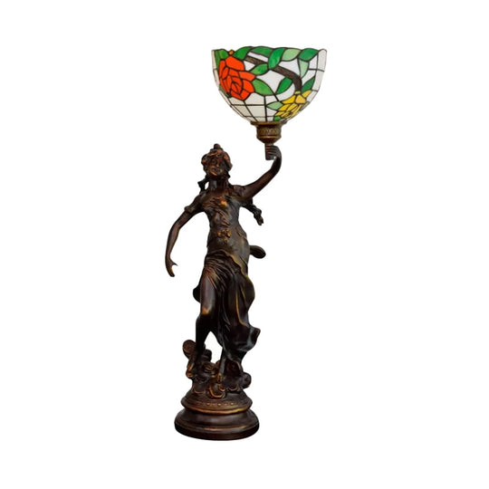 Raelynn - Resin Torchiere Table Light Tiffany 1 Bulb Bronze Nightstand Lamp With Red -