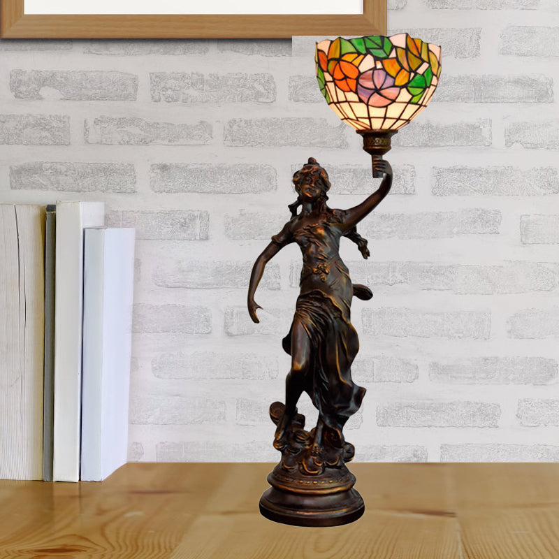 Raelynn - Resin Torchiere Table Light Tiffany 1 Bulb Bronze Nightstand Lamp With Red -