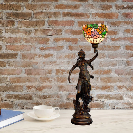 Raelynn - Resin Torchiere Table Light Tiffany 1 Bulb Bronze Nightstand Lamp With Red -
