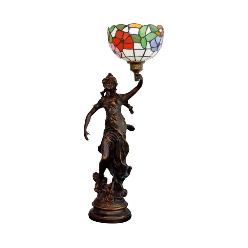 Raelynn - Resin Torchiere Table Light Tiffany 1 Bulb Bronze Nightstand Lamp With Red -