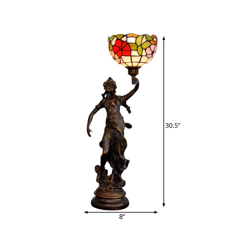 Raelynn - Resin Torchiere Table Light Tiffany 1 Bulb Bronze Nightstand Lamp With Red -
