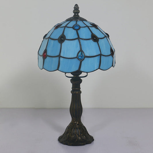 Corinne - Blue Glass Lattice Bowl Table Lighting Mediterranean 1 Head Bronze Gem Patterned Desk For