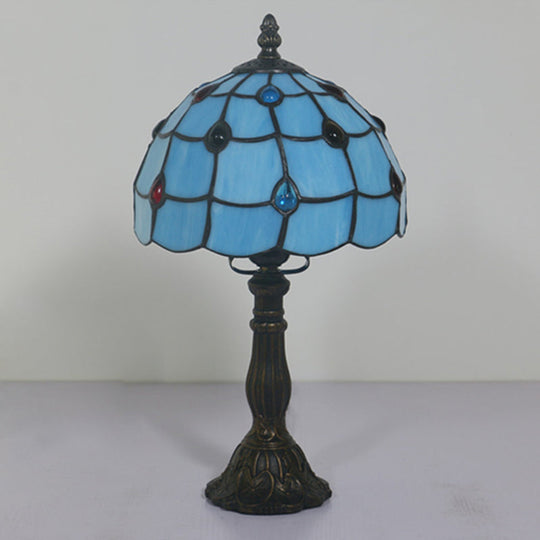 Corinne - Blue Glass Lattice Bowl Table Lighting Mediterranean 1 Head Bronze Gem Patterned Desk For