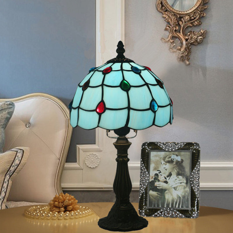 Corinne - Blue Glass Lattice Bowl Table Lighting Mediterranean 1 Head Bronze Gem Patterned Desk For